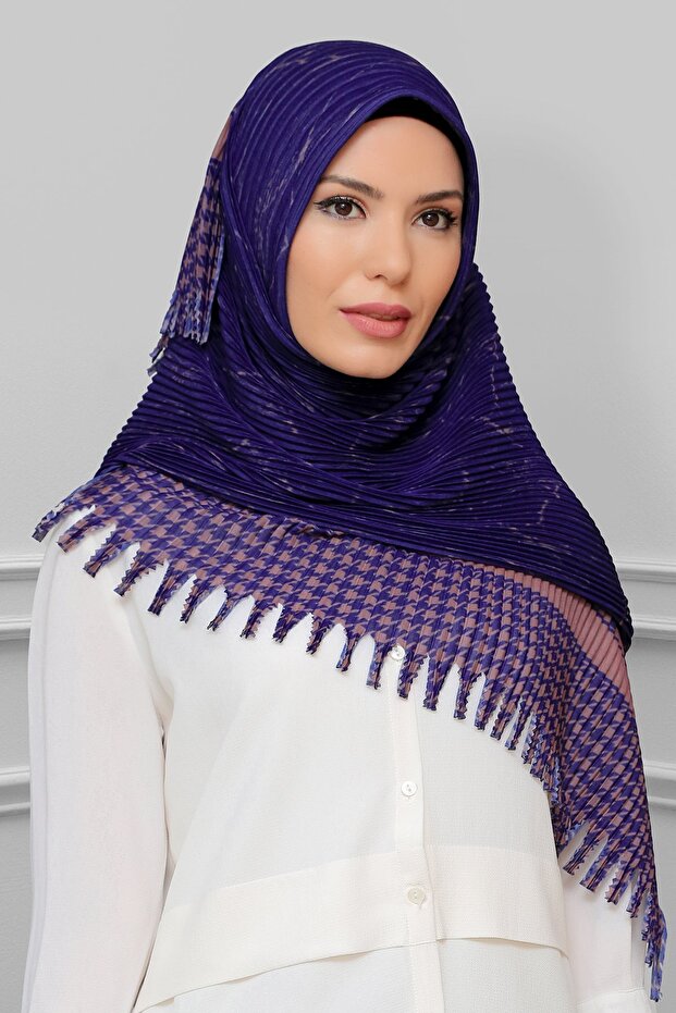 Navy-mink Practical Ready-made Interlocking Hijab Scarf Staple Fiber Pleated Polka Dot Patterned 1818d5_210