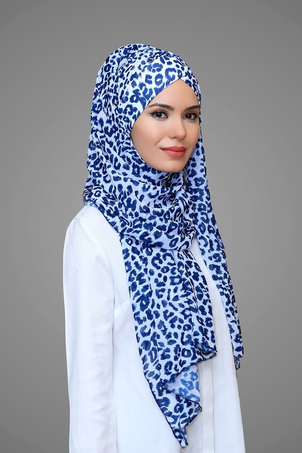 Navy blue-leopard Practical Ready-made Interlocking Bonnet Shawl Chiffon Self-Sewn Bonnet Patterned 1454_02