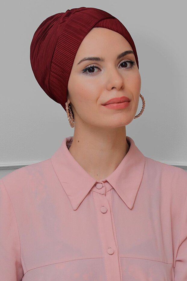 Claret Red Practical Ready-made Interlaced Hijab Bonnet Fukuro Pleated Cross Gathered 1822_16