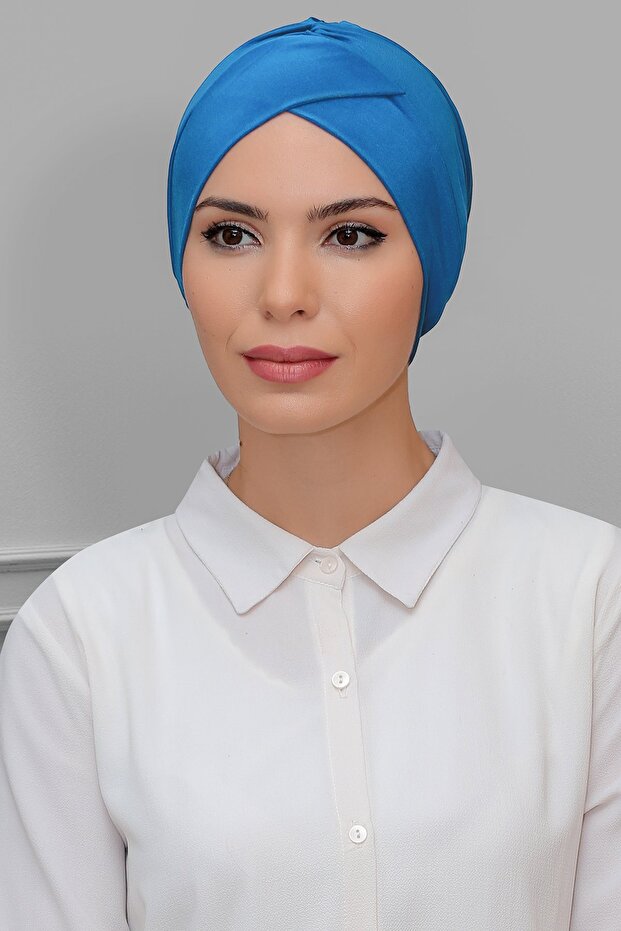 Blue Practical Ready-to-Plug Hijab Bonnet Sandy Fabric Cross Gathered 1801_34