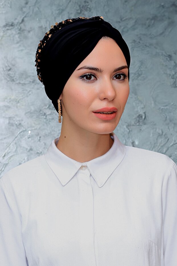 Black-gold Practical Ready-made Interlaced Hijab Bonnet Sandy Fabric Sequined Gathered 1906_102
