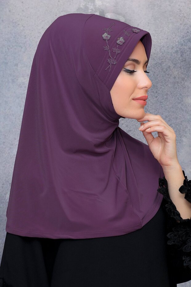 Violet Practical Ready-made Interlocking Hijab Scarf Sandy Fabric Handmade Flower Embroidered Sequin 1604_21