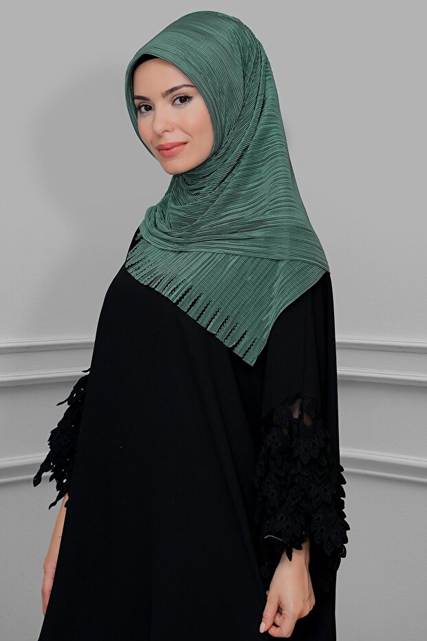 Water Green Practical Ready Fitted Hijab Scarf Fukuro Pleated Fringed Laser Cut 1828_32