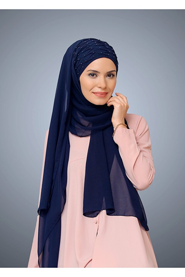 Navy Blue Back Tie Shawl Chiffon with Pearls 1901_02