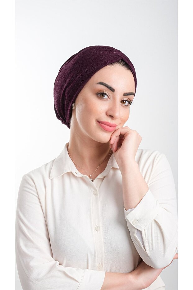 Plum Practical Ready-made Interlaced Hijab Bonnet Fukuro Glittered Gathered 2116_07