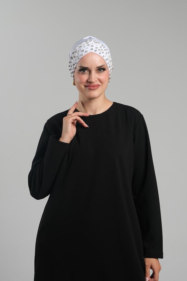 White Practical Ready-To-Wear Hijab Bonnet Sandy Fabric with Stones 1456_42