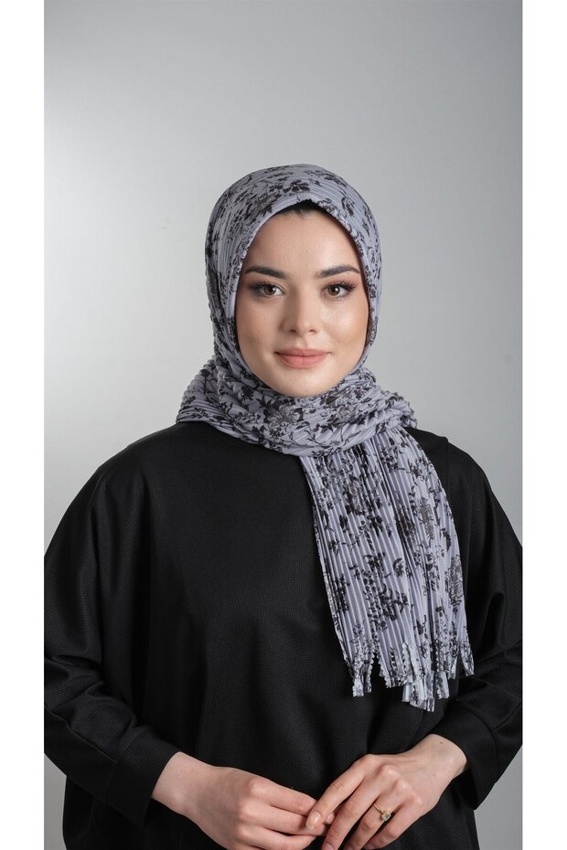 Gray Practical Ready-made Interlocking Hijab Scarf Staple Fiber Pleated Flower Patterned 1818d6_15