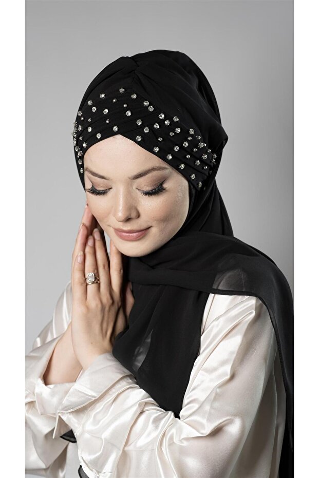 Black Practical Ready-made Interlocking Bonnet Shawl Chiffon Self-Sewn Bonnet Stone Handmade Embroidered 1450_01