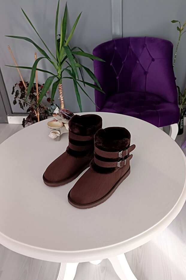 Brown Suede Double Belted Medium Length Women's Boots with Fur Inside and Fur Inside