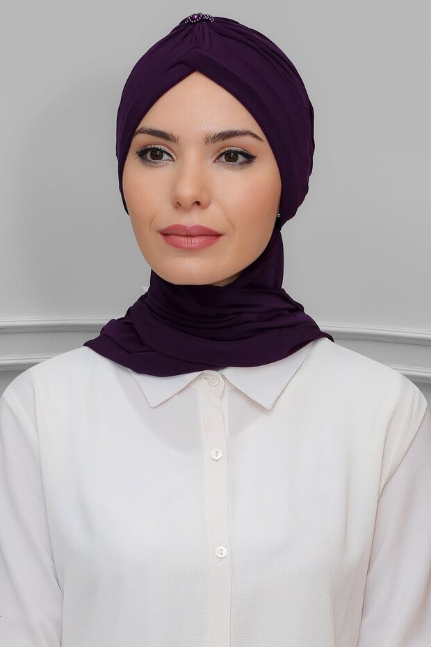 Plum Practical Ready-To-Wear Hijab Bonnet Sandy Fabric Crowned Drawstring Chiffon Scarf 1208A_07
