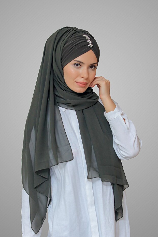 Khaki Back-Tie Shawl Chiffon Pleated Stone Embellished Handmade Embroidered 1840_09