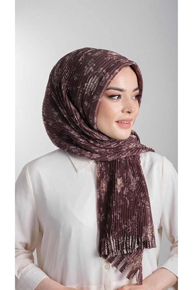 Brown Practical Ready-made Snap-on Hijab Scarf Cut Fiber Pleated Floral Pattern 1818D6_14
