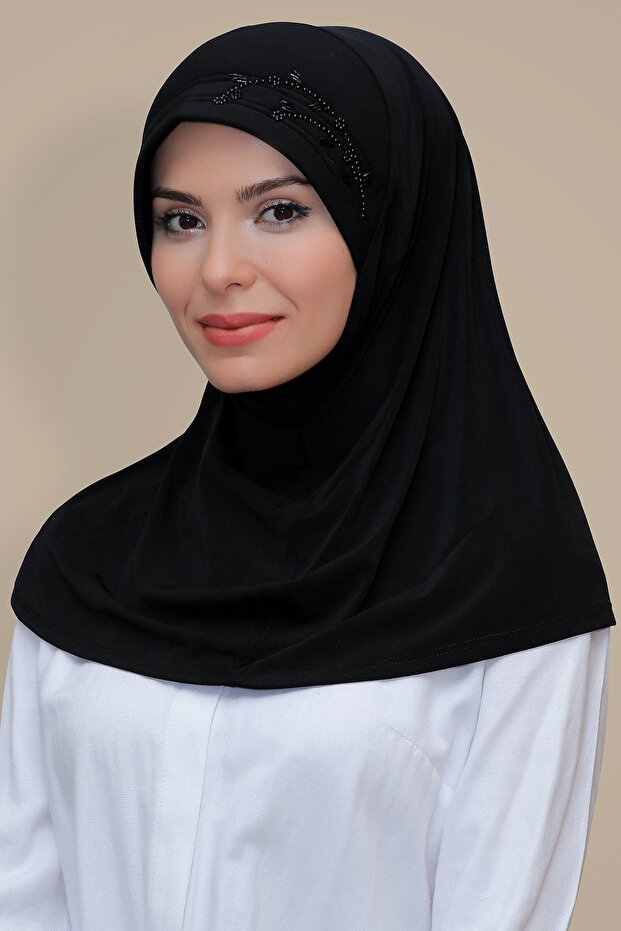وشاح حجاب متشابك عملي أسود اللون قماش رملي مصنوع يدويًا زهرة توليب مطرزة 1603_01