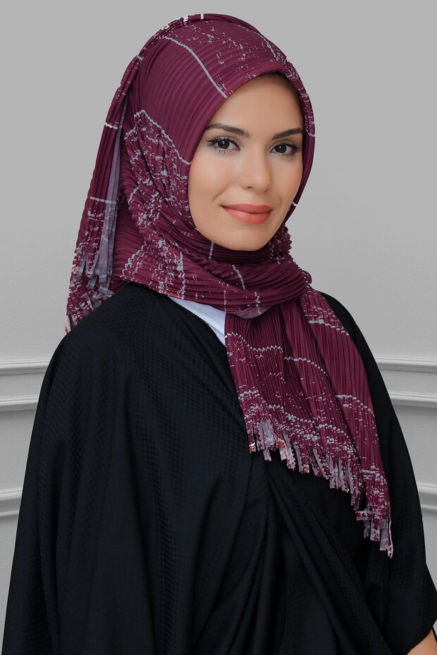وشاح حجاب عملي جاهز باللون الأحمر الداكن من الألياف الأساسية مطوي ومخطط منقوش 1818d2_16