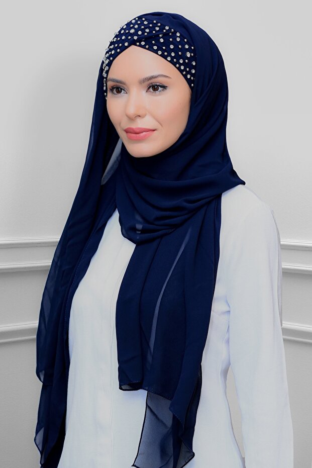 Lacivert Pratik Hazır Geçmeli Bone Şal Şifon Kendinden Boneli Taşlı Elişi Işlemeli 1450_02 - 1