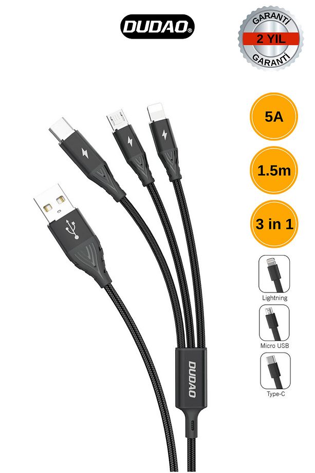 L8 Plus - Örgülü 3'ü 1 Arada 5a Süper Hızlı Şarj Kablosu Lightning, Micro Usb Ve Type-c Data 1.5m - 1