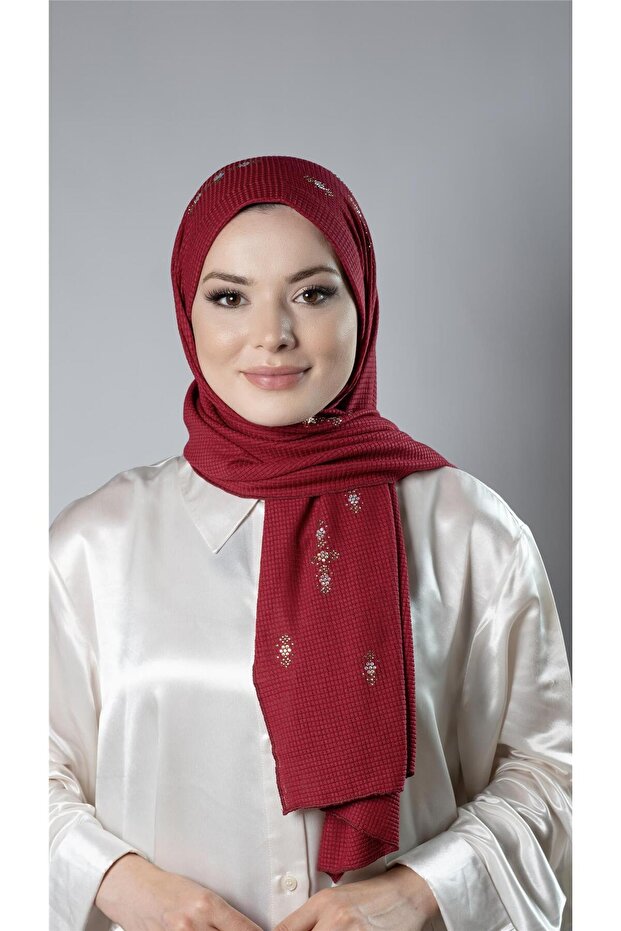 Claret Red Practical Ready-made Hijab Shawl Knitted Fabric Stoned Flower Pattern 2118C_16