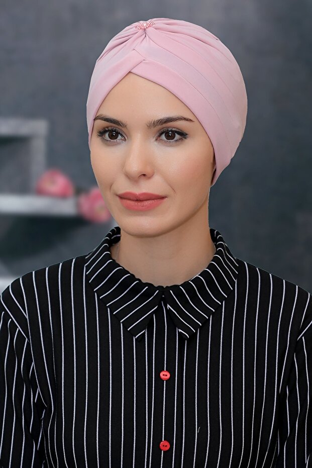 Powder Practical Ready-made Snap-On Hijab Bonnet Sandy Fabric Crowned Gathered 1208_06