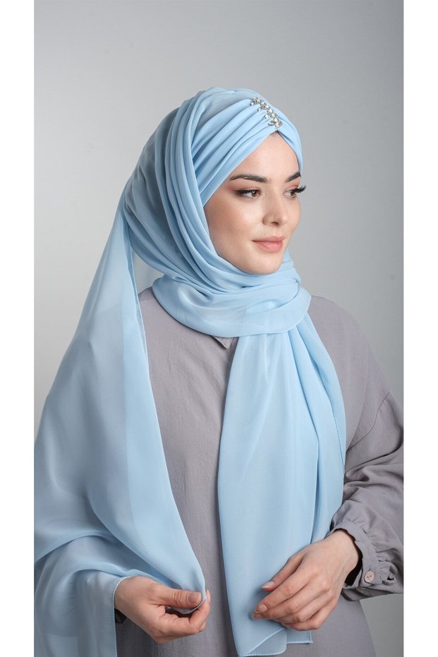 Baby Blue Back-Tie Shawl Chiffon Pleated Stone Embellished Handmade Embroidered 1840_11