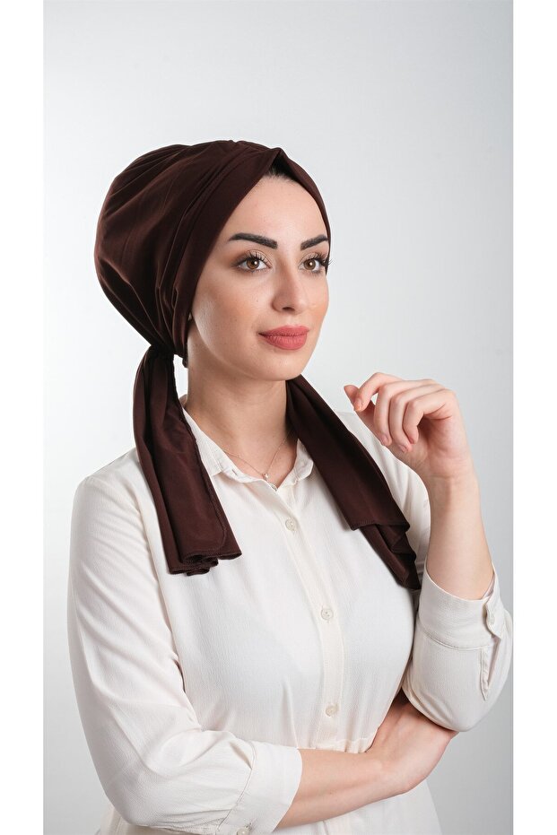 Brown Practical Ready-made Interlaced Hijab Bonnet Cut Fiber Plain 2111_14