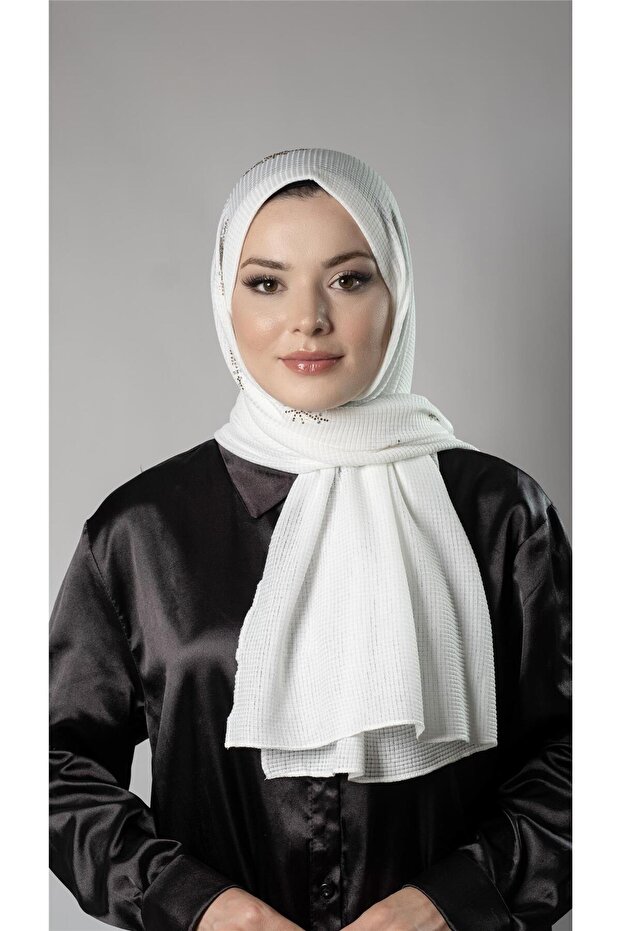 White Practical Ready-made Snap-on Hijab Shawl Knitted Fabric with Stone Star Pattern 2118Y_42