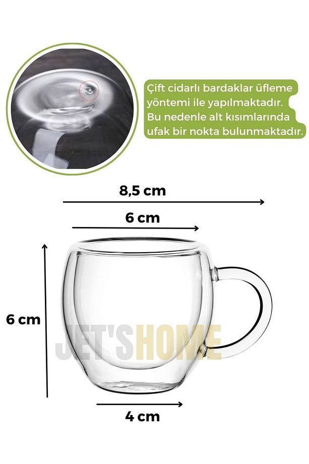 2’li Set Kulplu Espresso Bardağı Doppio Ristretto Bardağı Çift Cidarlı Türk Kahvesi Bardak 80 ml - 3