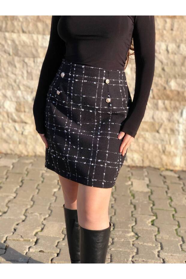 Women's Gold Buttoned Hidden Zippered Tweed Skirt