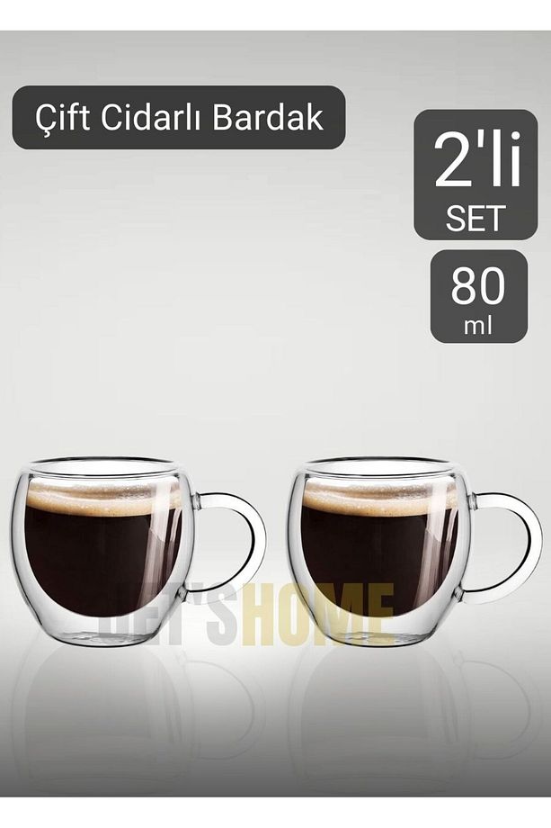 2’li Set Kulplu Espresso Bardağı Doppio Ristretto Bardağı Çift Cidarlı Türk Kahvesi Bardak 80 ml - 1