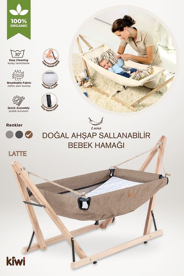 Luna Ahşap Katlanabilir Çantalı Bebek Hamağı - Kahve - 1