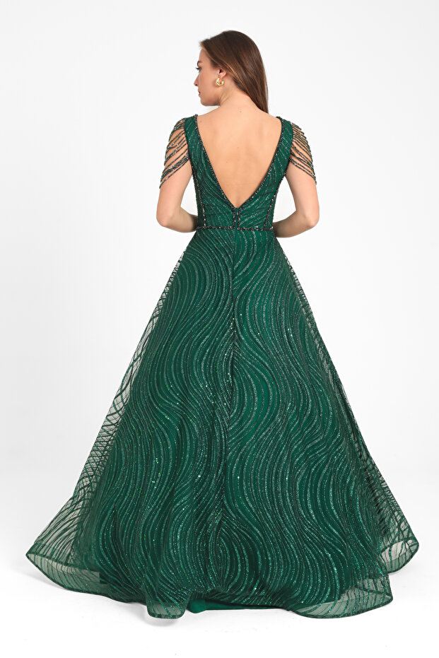 Dalgasal Desenli İşlemeli Elbise - 3