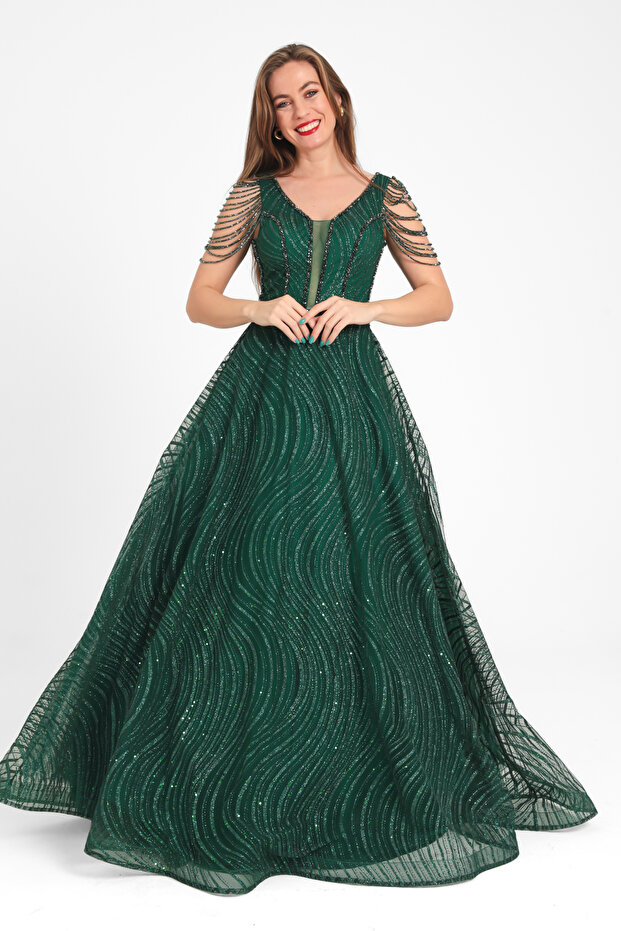 Dalgasal Desenli İşlemeli Elbise - 1