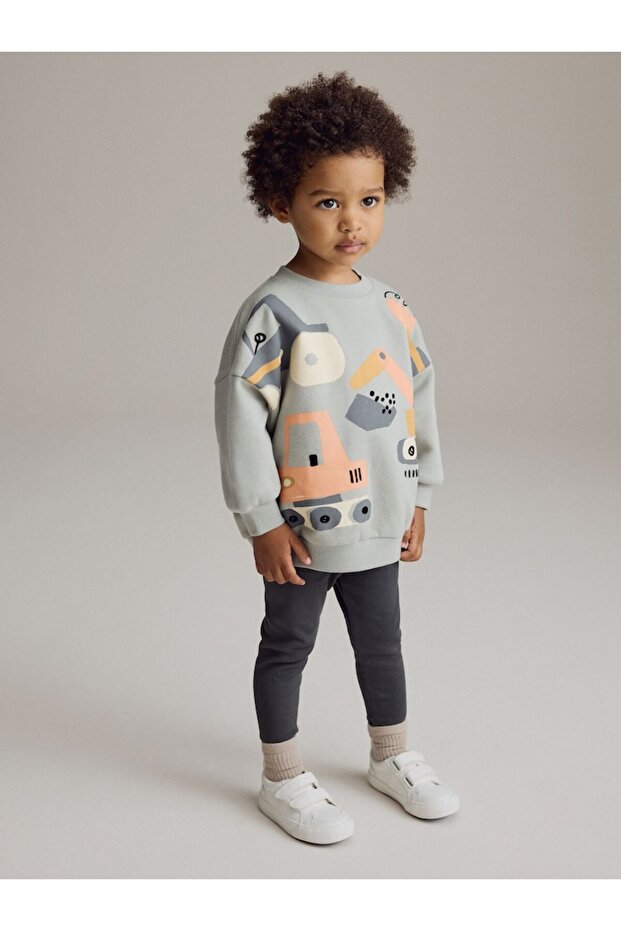 Cotton Gray Work Machines Patterned Long Sleeve Bottom Top Set - 1