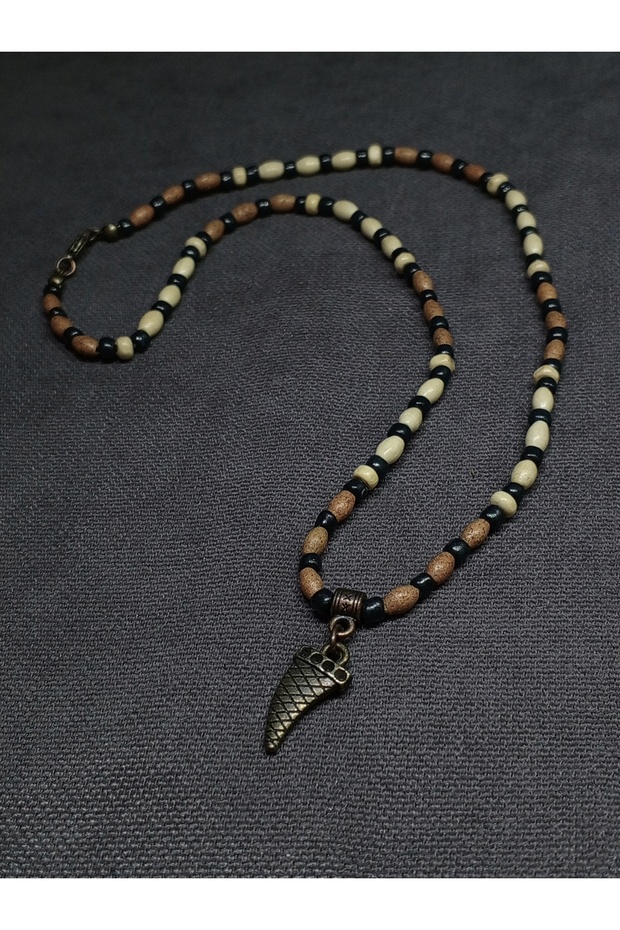 METAL DİŞ OBJELİ, AHŞAP, BOHEM, UNISEX KOLYE - 5