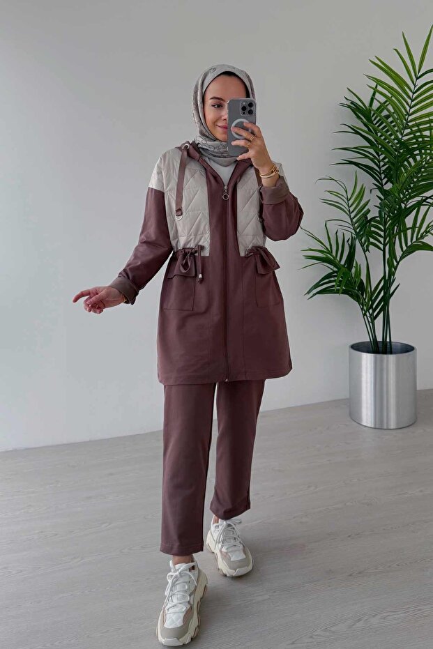 Rope Binding - 2-Piece Hijab Set with Double Pocket Cover, Brown
