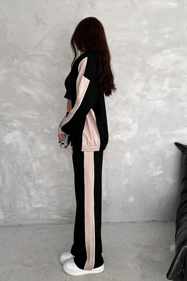 Women's Ribbed Zippered Top and Bottom Modal Set - Black Cream