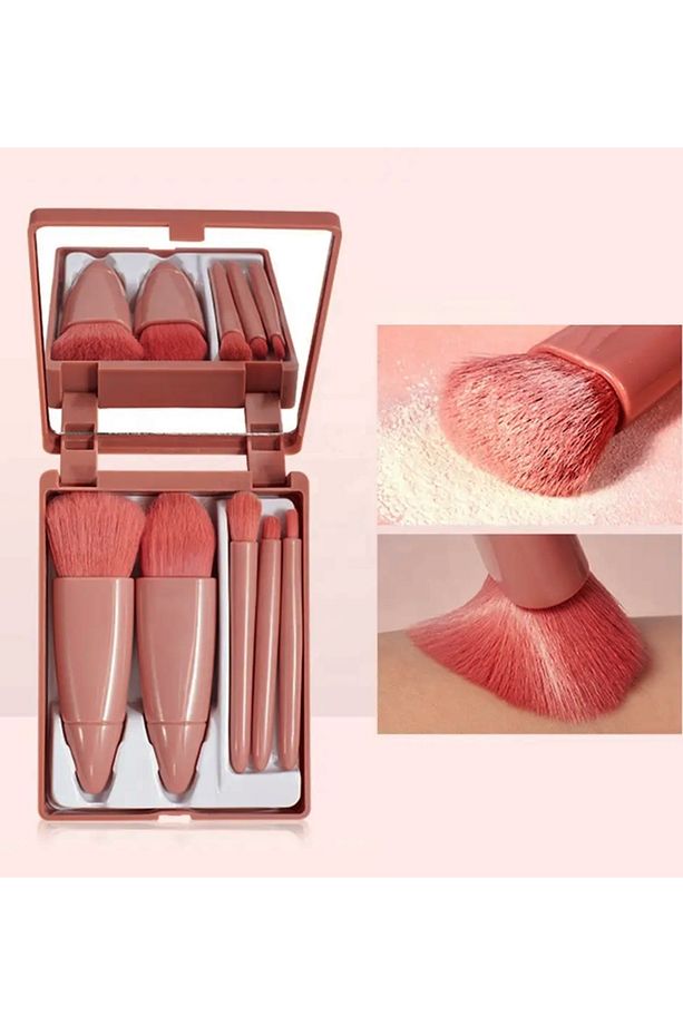 C005 Taşınabilir 5 Parçalı Aynalı Profesyonel Makyaj Fırça Seti - Taşınabilir Mini 10.5cm Bakır Renk - 7