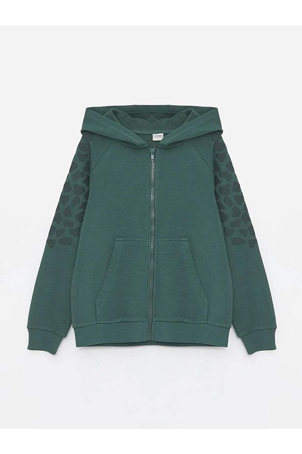 LCW Kids Yeşil Kapüşonlu Baskılı Uzun Kollu Erkek Çocuk Fermuarlı Sweatshirt - 1