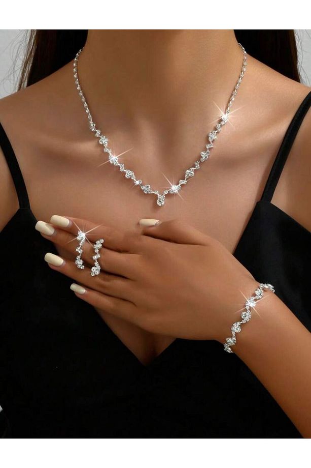 Gümüş Kaplama Asil Kolye Küpe Ve Bileklik Seti 3'lü Set Davet Düğün Nişan Abiye - 1