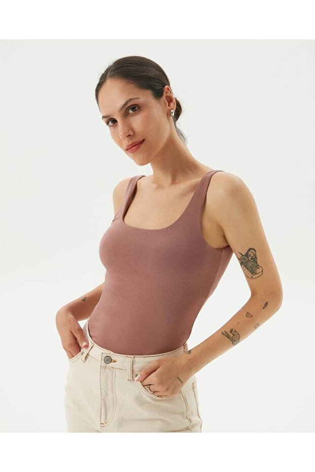 Dried Rose Women's Organic Cotton Self-Bra Back Low-cut Thick Strap Tank Top
