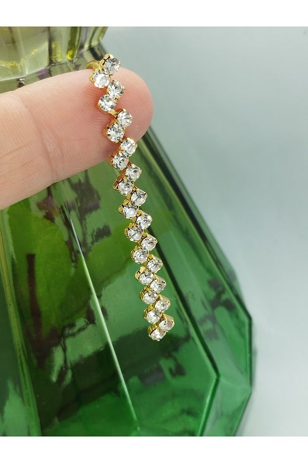 Cerrahi Çelik Zigzag Sıralı Zirkon Altın Göbek Piercing - 4