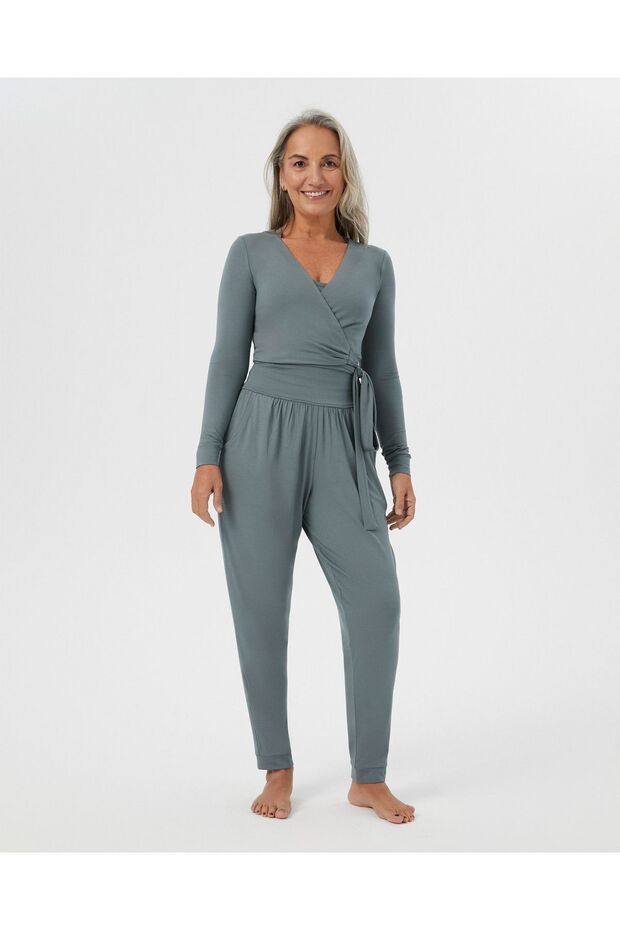 Mavi Gri Anvelop Belden Bağlamalı Crop Bluz - 1