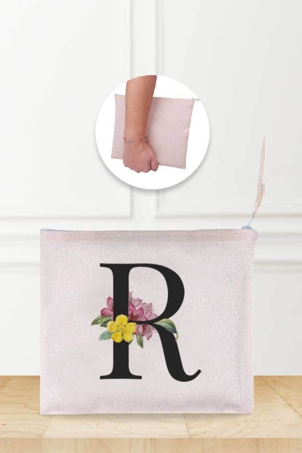 Letter R Patterned Linen Makeup Bag