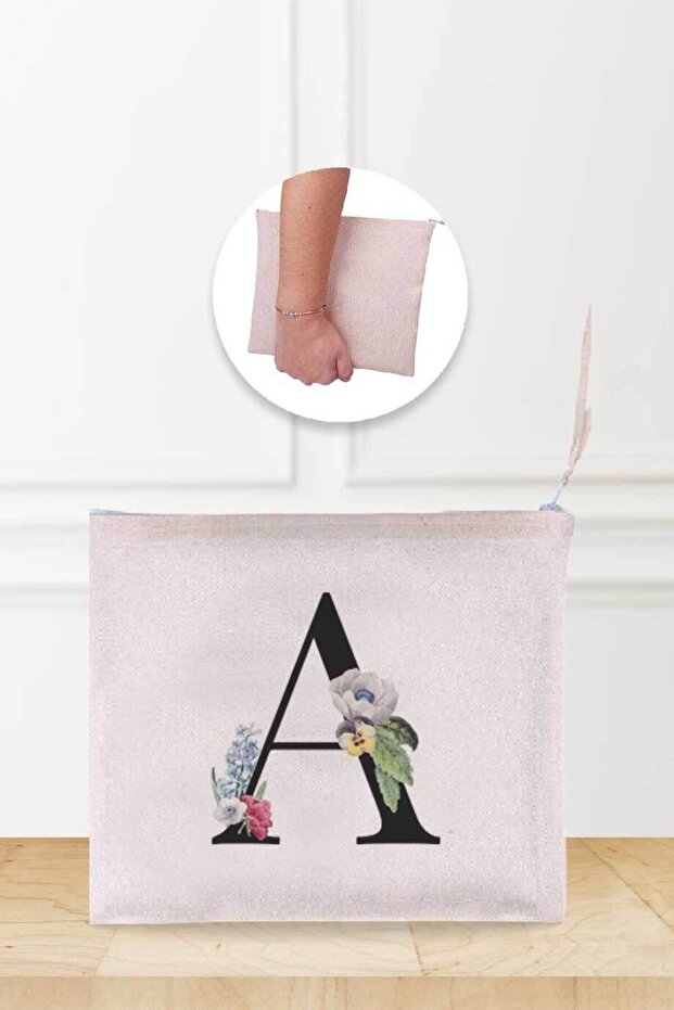 Letter A Patterned Linen Makeup Bag - 1