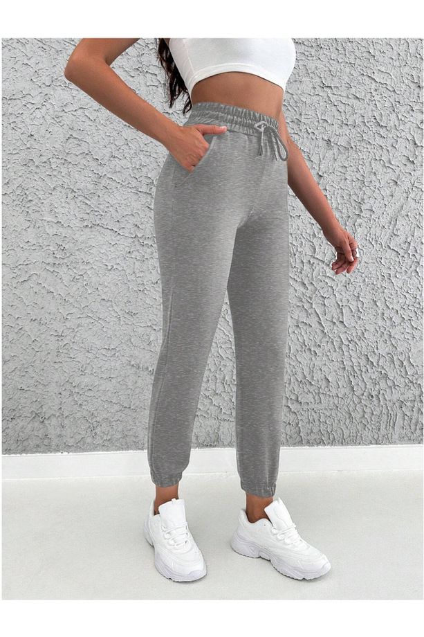 Gri Kadın Oversize Jogger Yüksek Bel Eşofman Altı 2 İplik Örme Kumaş - 4