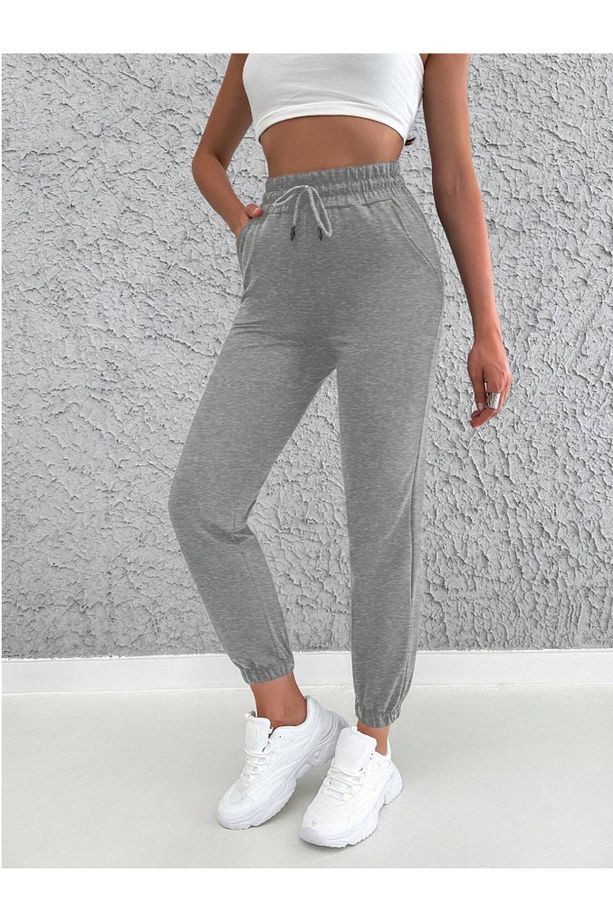 Gri Kadın Oversize Jogger Yüksek Bel Eşofman Altı 2 İplik Örme Kumaş - 2
