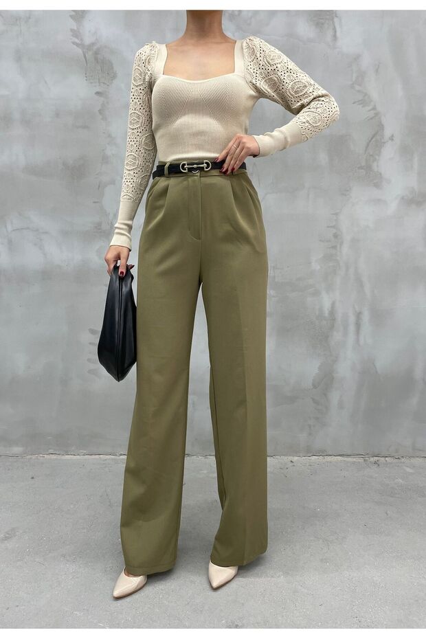 High Waist Khaki Fabric Palazzo Pants with Belt