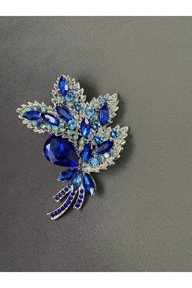 MAVİ KRİSTAL YAPRAK VE ÇİÇEKLER İLE SÜSLENMİŞ TASARIM BROŞ - 4