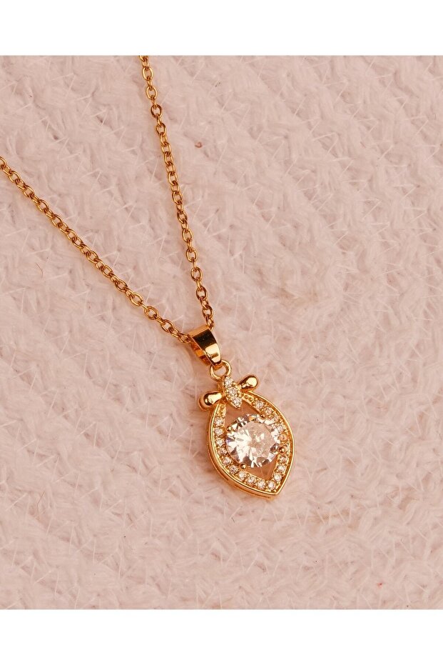 Kadın Takı Kararmaz Çelik Tek Taşlı Kolye - 3