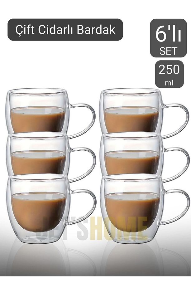 6’lı Set Kulplu Cappuccino Bardağı Latte Bardağı Çift Cidarlı Americano Bardağı 250 ml Kahve Bardak - 1