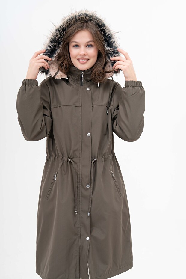 Women's Water Resistant Plus Size Hooded Waist Drawstring Long Fur Coat Coat
